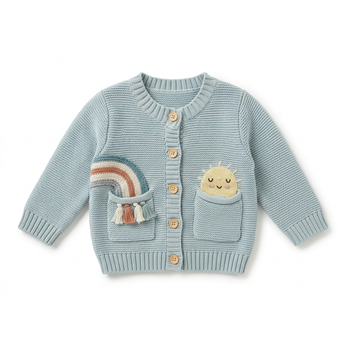 Baby blue knitted cardigan with rainbow and sun pocket details laid flat on white