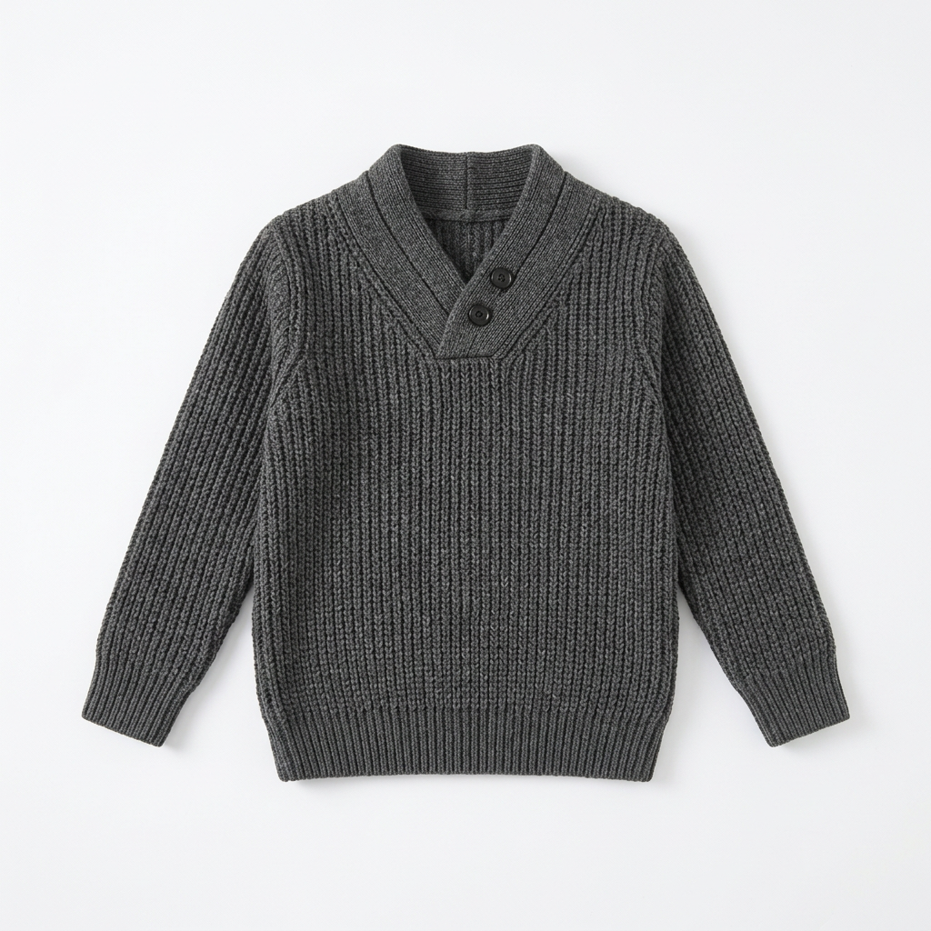 Dark grey knitted sweater with two neck buttons laid flat on white