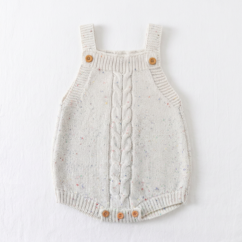 Front view of ivory multicolor-flecked cable-knit baby romper laid flat on white