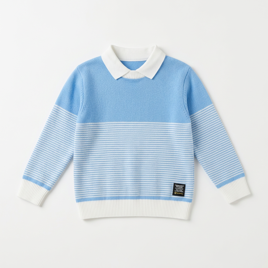 Boys light blue striped sweater with white shirt collar laid flat on white