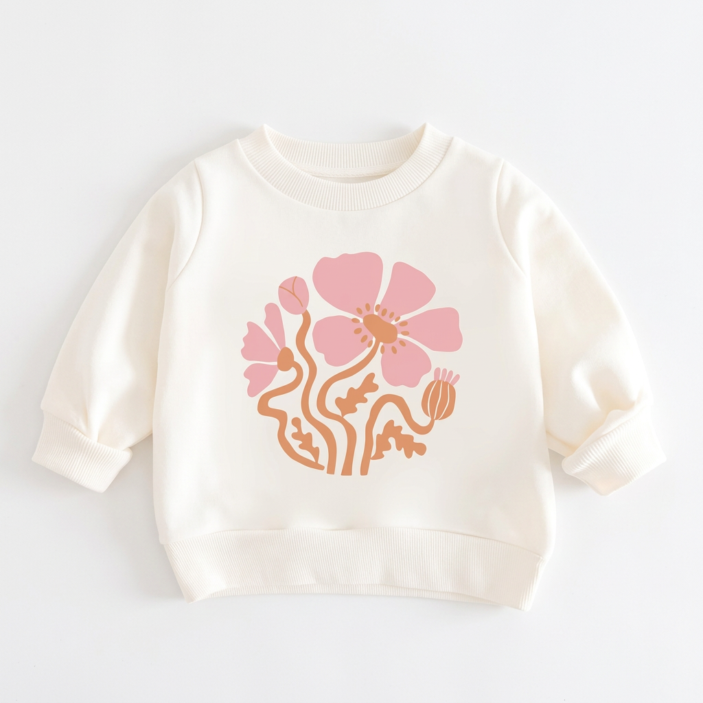Front view of ivory baby girl sweatshirt with pink poppy print laid flat on white