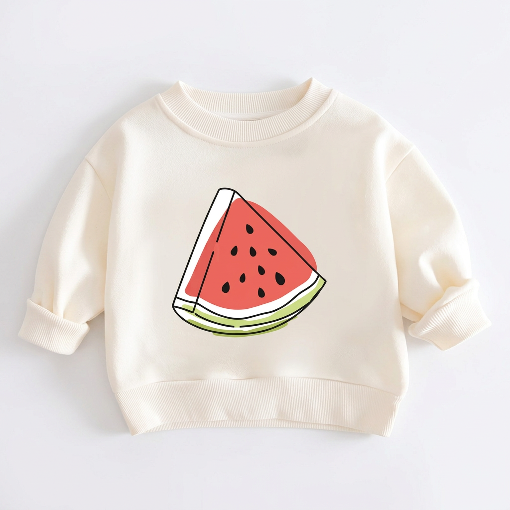 Front view of ivory baby watermelon-print pullover laid flat on white
