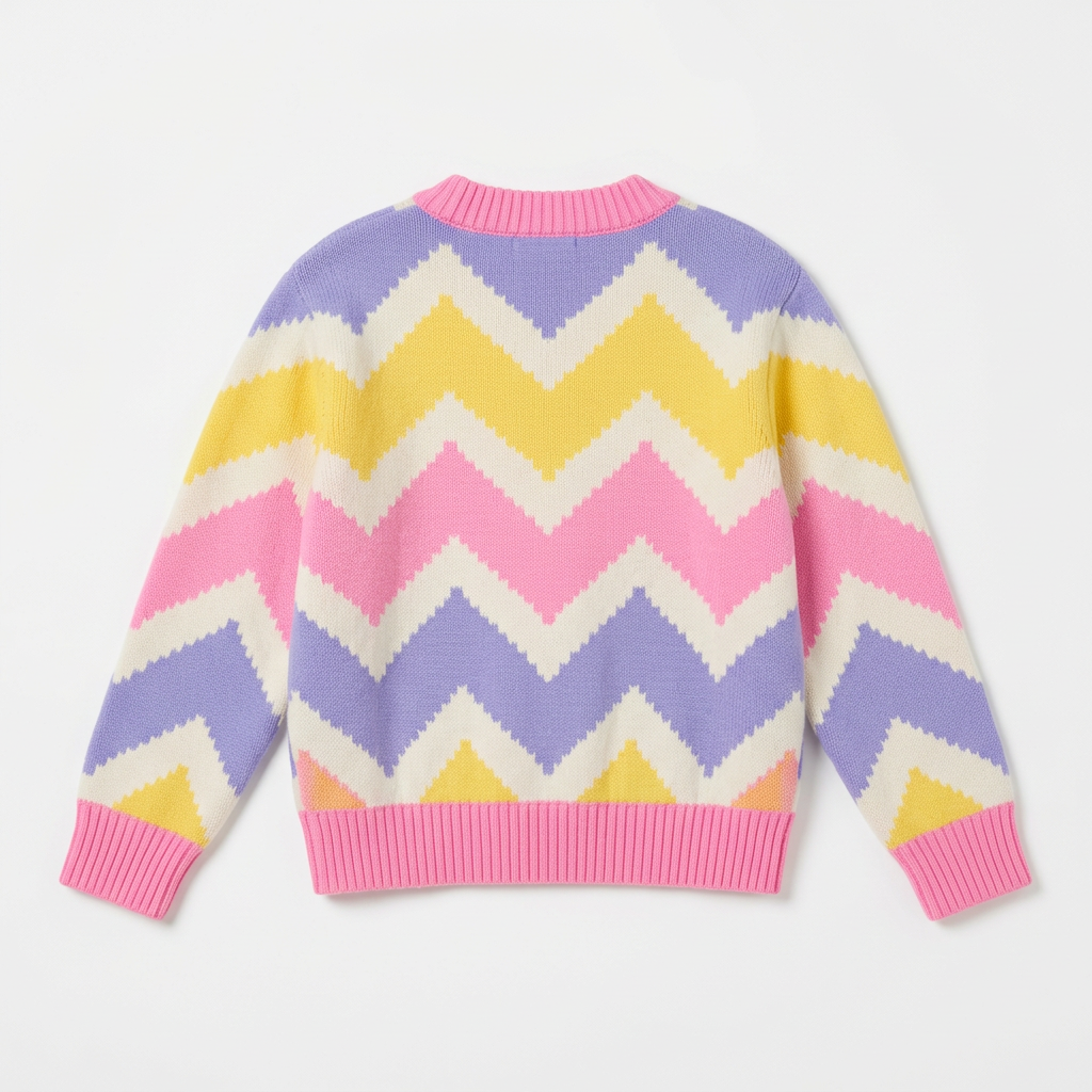 Back view of girls pink yellow and lavender chevron knit sweater laid flat on white