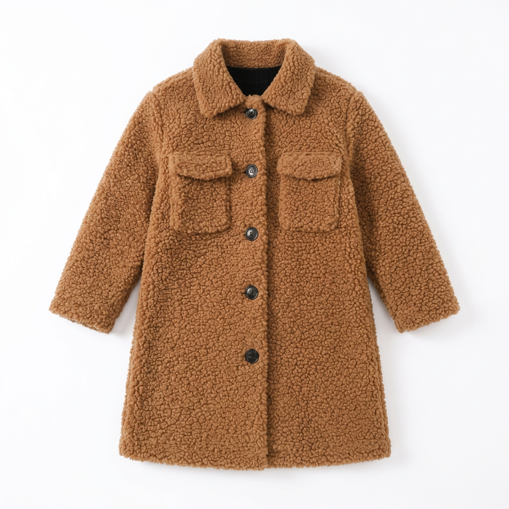 Front view of girls camel brown mid-length Sherpa jacket laid flat on white