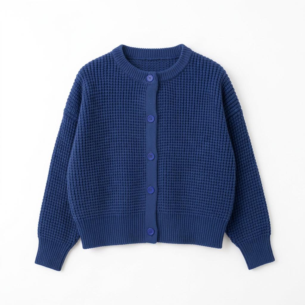 Boys chunky-knit blue cardigan laid flat on a white background without props